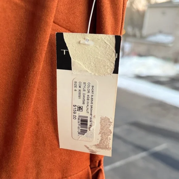 🆕✨ Tahari ASL Walnut Brown Faux Suede Sheath Dress Size 6 Gold Tie Career Midi - Picture 15 of 17